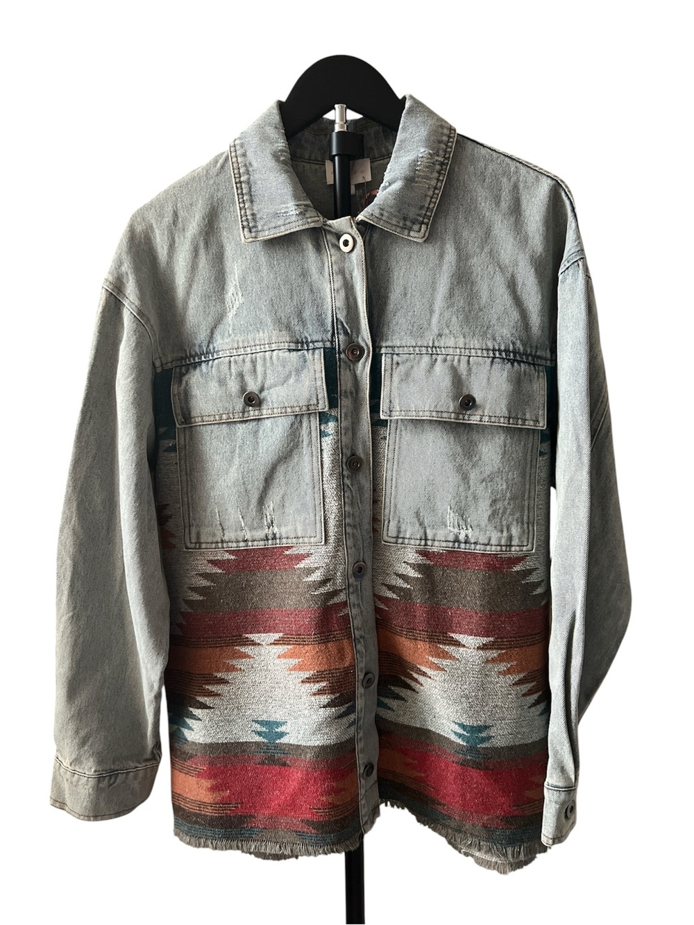 ENTRO Light Blue Denim Aztec western boho Shacket Women’s L